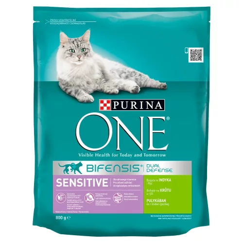 Purina One Sensitive pulykában és rizsben gazdag teljes értékű állateledel felnőtt macskáknak 800 g