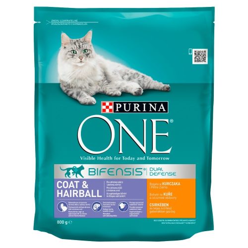 Purina One Coat & Hairball téljes értékű eledel felnőtt macskák számára csirkével és gabonával 800 g