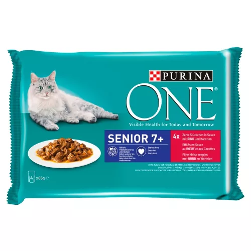 Purina One Senior 7+ Mini Filé nedves macskaeledel szószban marhával & sárgarépával 4 x 85 g (340 g)