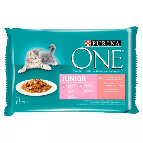 Purina One Junior Mini Filé nedves macskaeledel szószban lazaccal és sárgarépával 4 x 85 g (340 g)