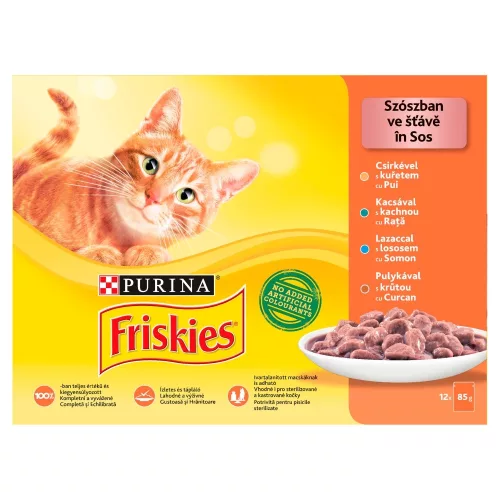 Friskies Szószban Csirkével/Kacsával/Lazaccal/Pulykával nedves macskaeledel 12 x 85 g