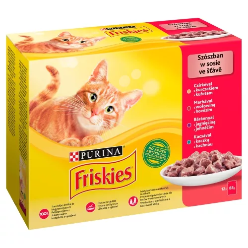 Friskies szószban csirkével/marhával/báránnyal/kacsával nedves macskaeledel 12 x 85 g