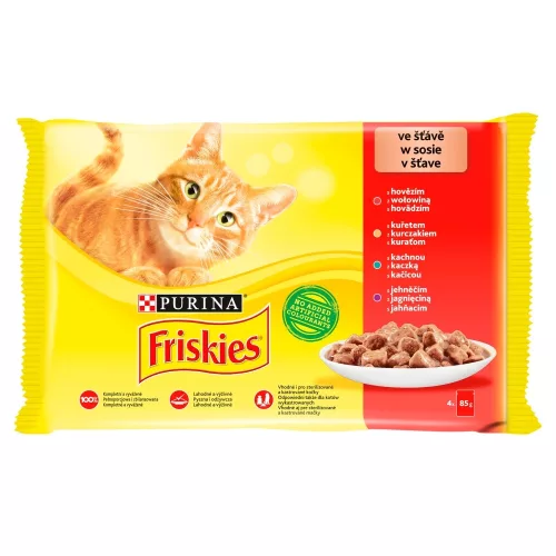 Friskies szószban csirkével/marhával/báránnyal/kacsával nedves macskaeledel 4 x 85 g