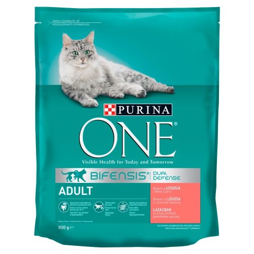 Purina One Adult teljes értékű száraz állateledel felnőtt macskák számára lazaccal, gabonákkal 800 g